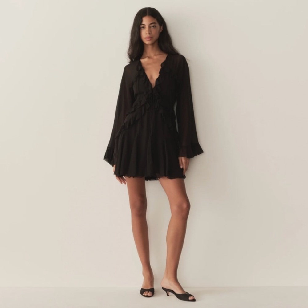 NWT Doen Clarisse Silk Ruffle Flowy Sheer Long Sleeve Mini Dress Black - Picture 4 of 15